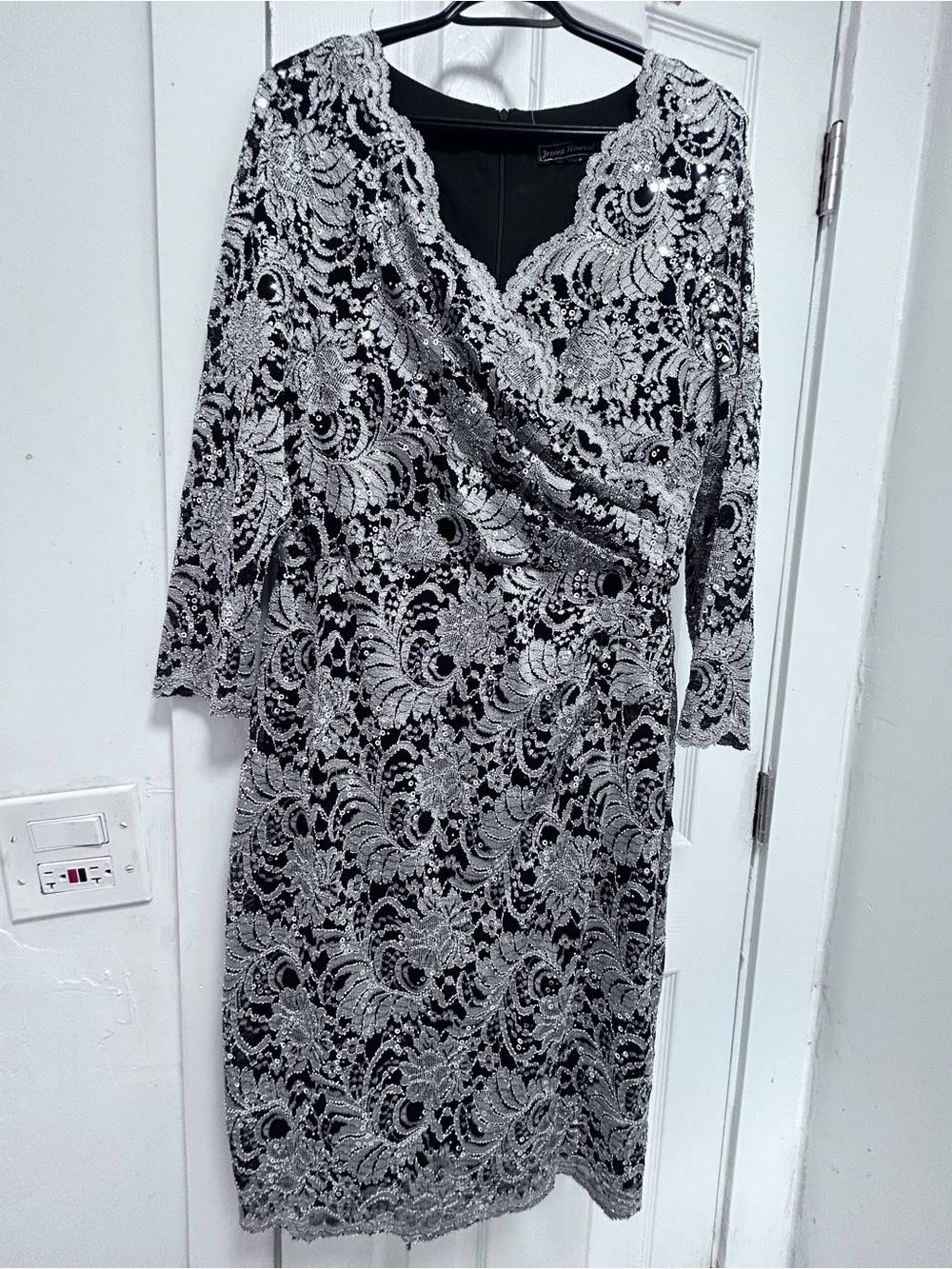 Jessica Howard Black Dress with Silver Lace Overlay, Long Sleeves